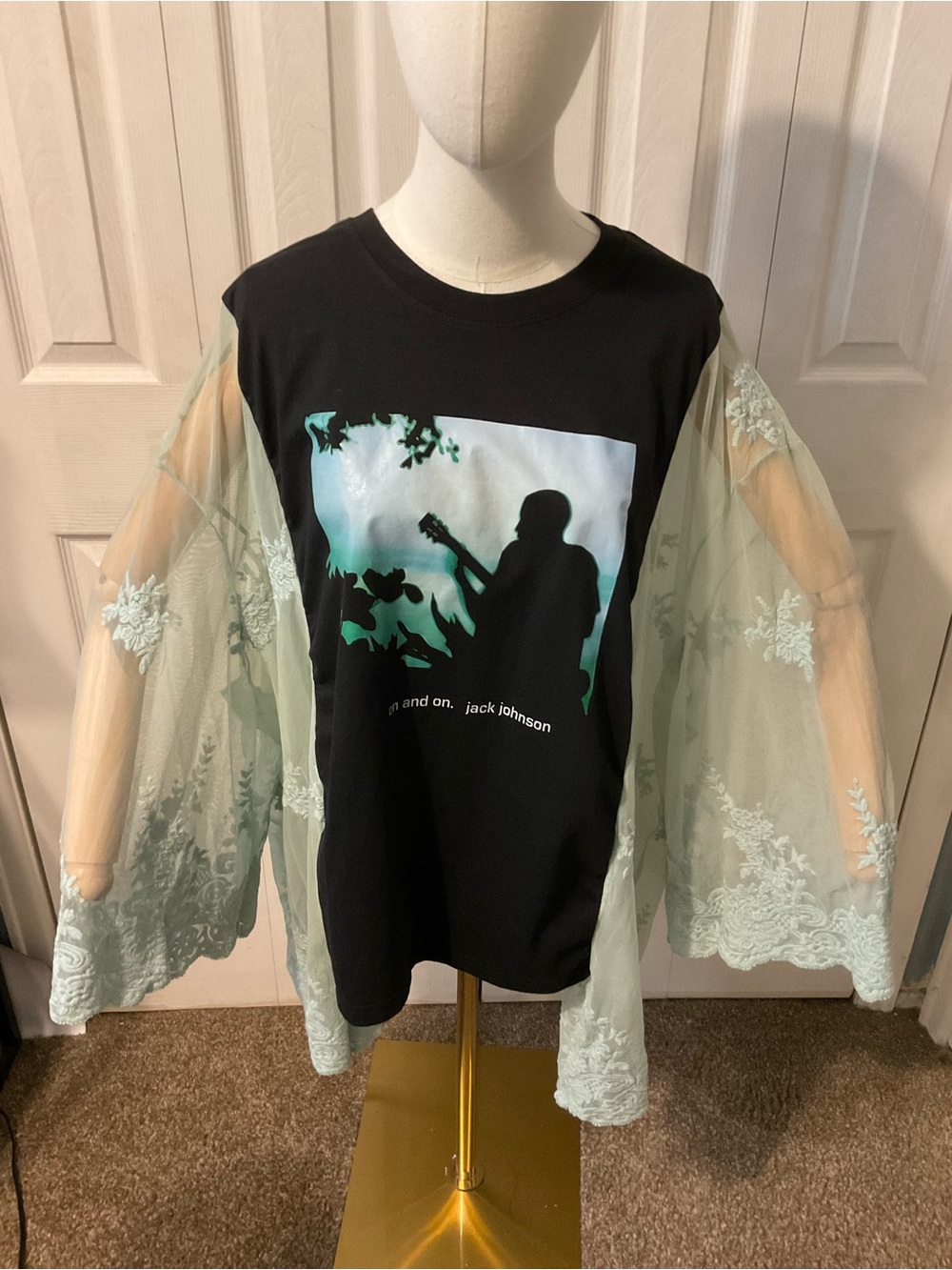 Jack Johnson Upcycled Graphic T- Shirt with Flowy Sheer Lace Sleeves - OSFM